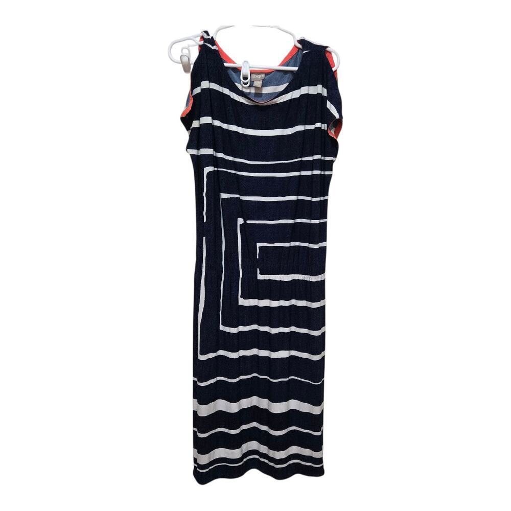Chico's Size 2 Navy White Striped Slinky Knit Midi Travel Dress Large